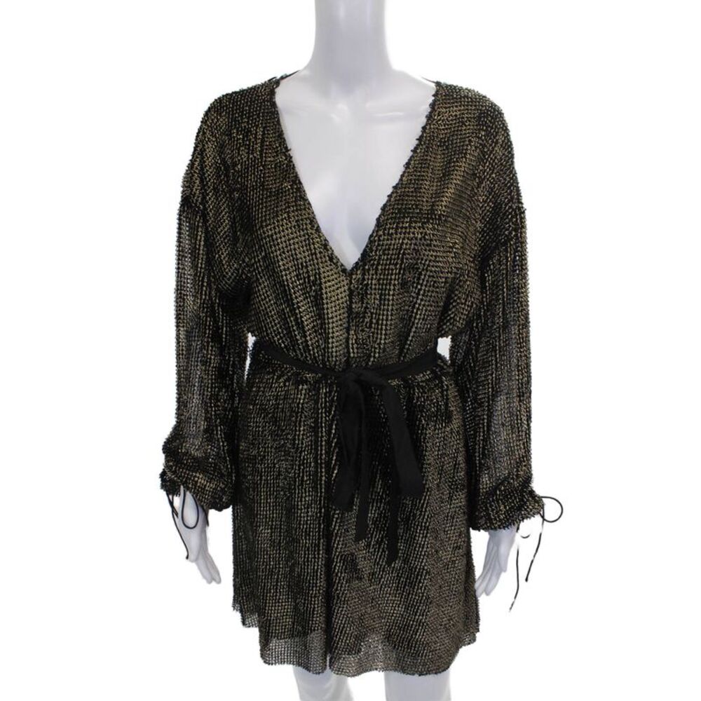 Stevie May Womens Wrap Dress Black V Neck Long Sleeve Geometric Size L